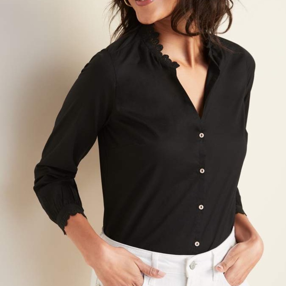 Old Navy Black Lace-Trim Split-Neck Blouse Button Shirt Top